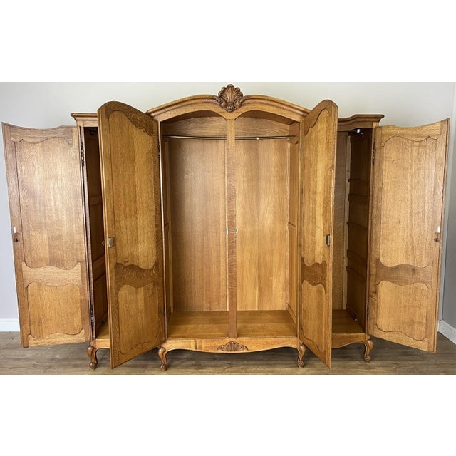 Vintage Louis XVI French Oak Four Door Carved Armoire For Sale - Image 10 of 11