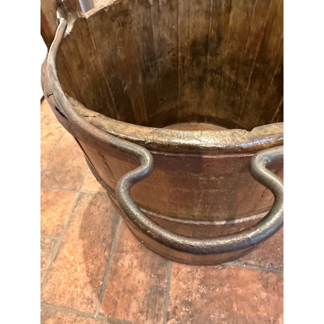 Vintage Primitive Wood Bucket W/ Blacksmith Forged Handle 14" Tall 13" Diam For Sale - Image 4 of 9