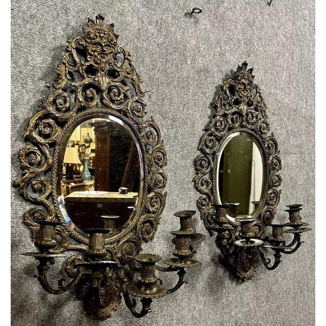 Antique Baroque Style Bronze Wall Mirrors with Integrated Candleholders, Set of 2 For Sale - Image 4 of 6