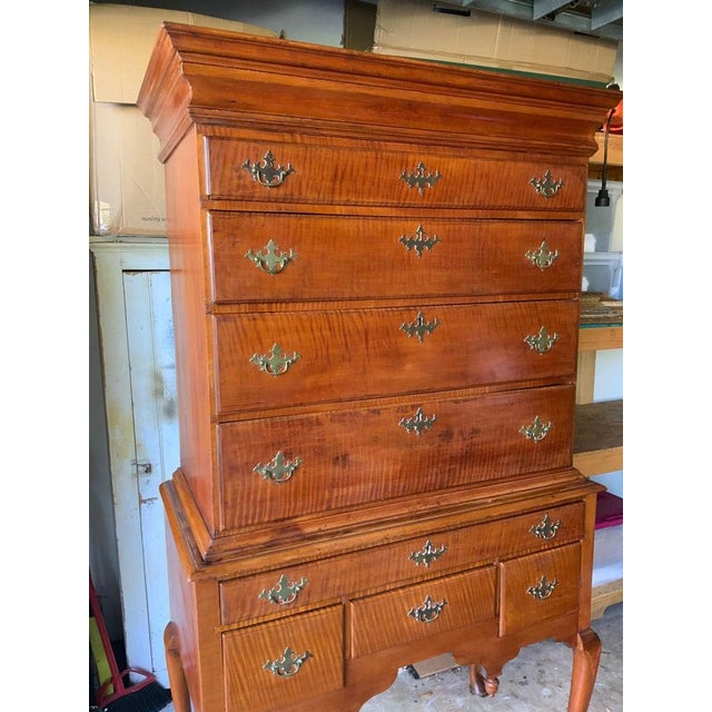 American Late 18th Century Flat Top Curly Maple Highboy For Sale - Image 3 of 16