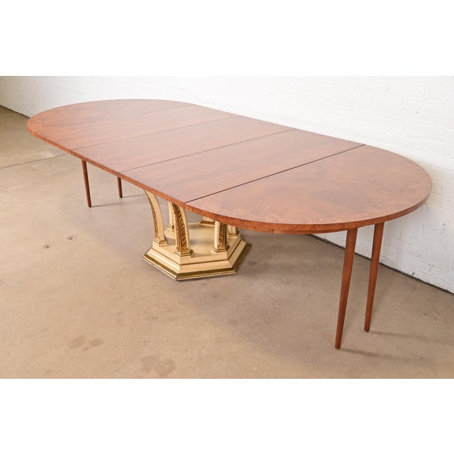 Mastercraft Italian Neoclassical Walnut and Burl Wood Parcel Gilt Pedestal Extension Dining Table For Sale - Image 11 of 15