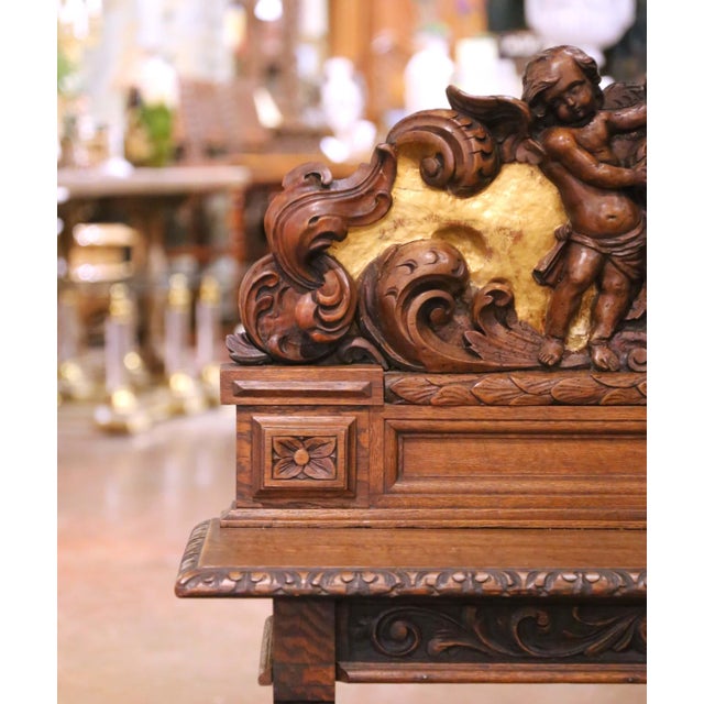19th C. French Renaissance Carved Oak and Gilt Hall Bench With Heraldic Crest For Sale - Image 4 of 8