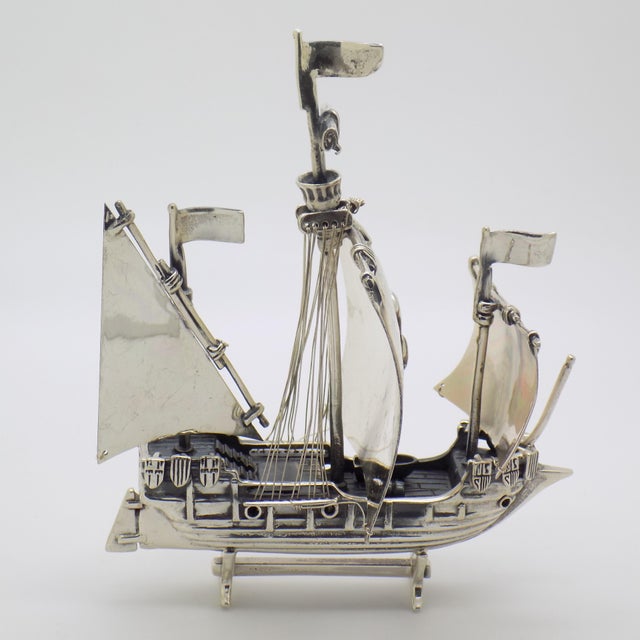 1980s Vintage Italian Handmade Genuine Sterling Silver Large and Rare Crusade Sailing Ship Figurine For Sale - Image 5 of 11