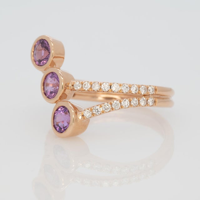 2020s 2.1Ct Purple Sapphire Three-Stone Wrap Ring With Diamond Accents: Solid 14k Gold, Size 6.75 For Sale - Image 5 of 8