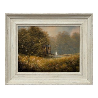 Serene Countryside Landscape with Sailboat & Wild Flowers in English Countryside 1980 Circa For Sale