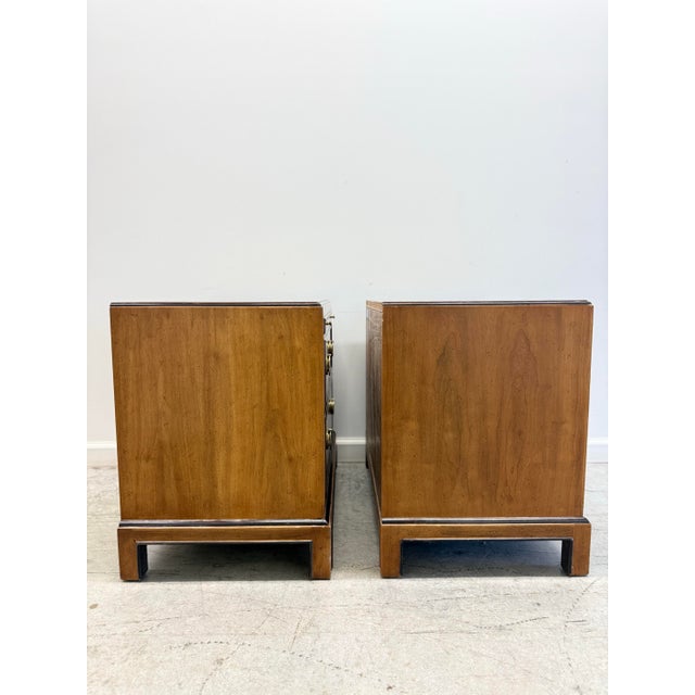 Late 20th Century Pair of Drexel Heritage Burlwood Nightstands With Brass Ring Hardware For Sale - Image 12 of 16