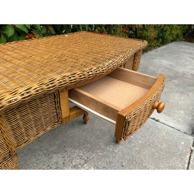 Vintage Wicker & Rattan Vanity Table With Oval Mirror and Drawer For Sale - Image 14 of 15