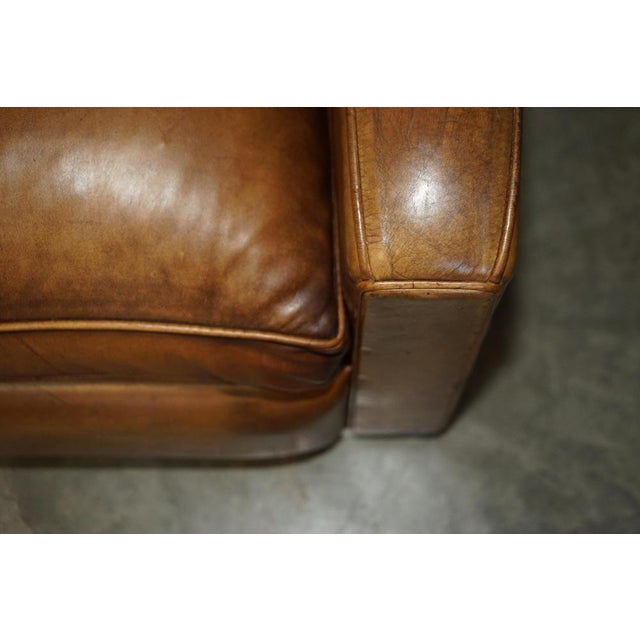 Art Deco Hand Dyed Brown Leather Three Seat Sofa with Feather Filled Seat in the style of Odeon For Sale - Image 16 of 18