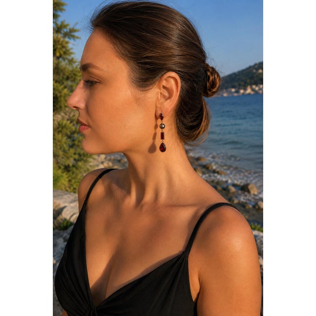 Metal Garnet & Pearl Drop Earrings Studs, Silver, Gold, Pair For Sale - Image 7 of 9