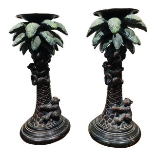 1990s Hollywood Regency Metal Palm Trees & Monkey’s Candle Holders- a Pair For Sale
