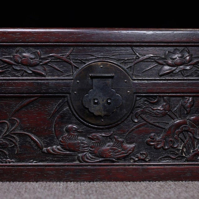 Brown Zitan Wood Box Carved With Lotus Pond Scene & Poetry For Sale - Image 8 of 10
