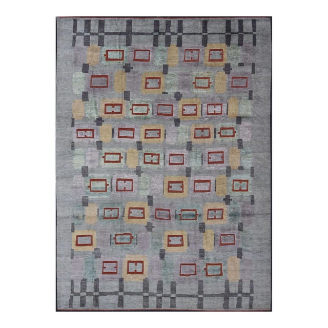Hand-Knotted Piled Scandinavian Wool Rug in Gray, Red, and Pastels For Sale