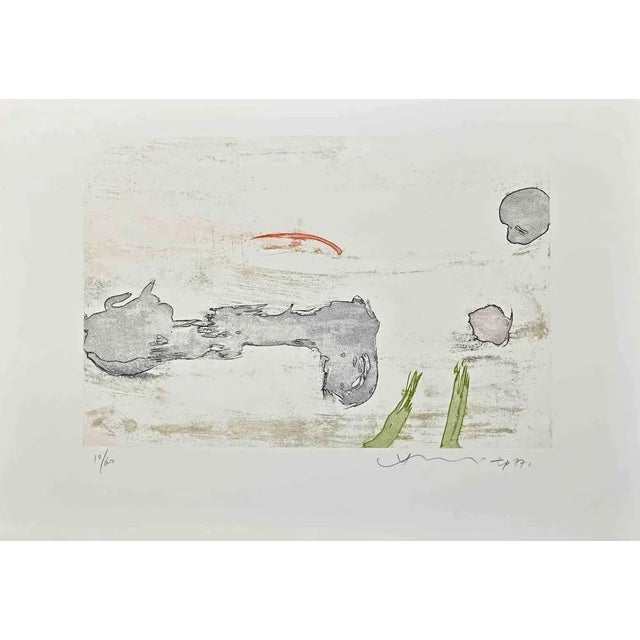 Abstract composition is a colored etching realized by Hsiao Chin in 1977. The artwork is hand-signed and dated in pencil...
