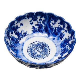 Antique Meiji Imari Blue & White Porcelain Punch Bowl For Sale