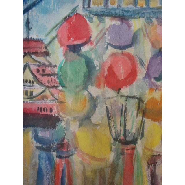 Circa 1950's colorful abstract street scene watercolor painting by Helen Sophia Barth in blues, reds, yellows and greens....