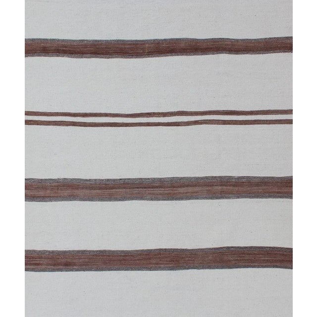 Traditional Mid 20th Century Turkish Vintage Kilim Flat-Weave Rug in Off White Brown With Stripe Design For Sale - Image 3 of 10