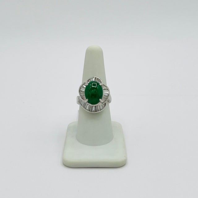 Mid 20th Century 6 Carat Green Jade Oval Cabochon and Baguette Diamond Ring in Platinum, Size 8 For Sale In Los Angeles - Image 6 of 7