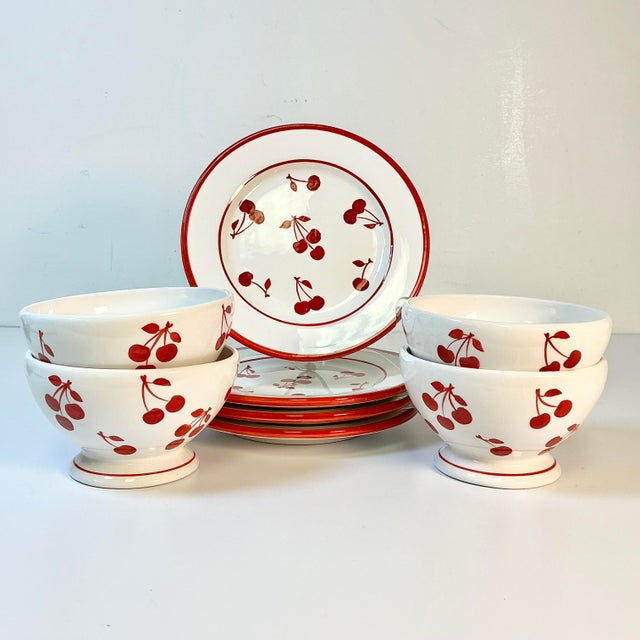 Art Deco Vintage Art Deco Boho Chic Cherries Jubilee Luncheon Plates & Bowls - Set of 8 For Sale - Image 3 of 12