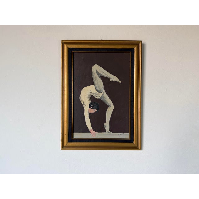 1970s Vintage J. Banas Figurative Acrobat Dancer Oil on Artist Board Painting, Framed For Sale - Image 4 of 13