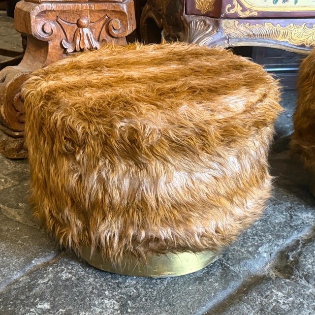Brass Two 1970s Mid-Century Modern Brass and Fabric Poufs " Him and Her " For Sale - Image 8 of 14