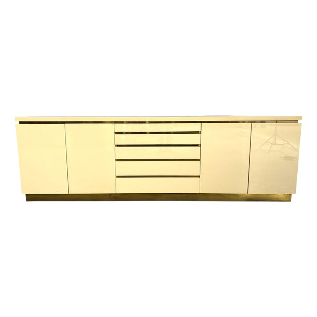 Vintage Lacquer and Brass Credenza by Jean Claude Mahey, 1970s For Sale