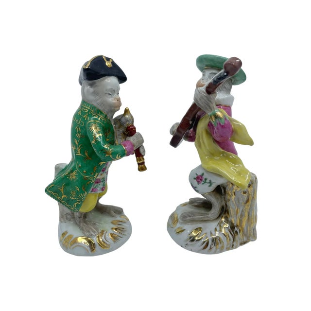 Hollywood Regency Antique Porcelain Musical Monkey Statues - a Set of Two For Sale - Image 3 of 12