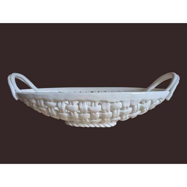 White Trompe Loleil Ceramic Woven Basket Tray With Handles For Sale - Image 8 of 16