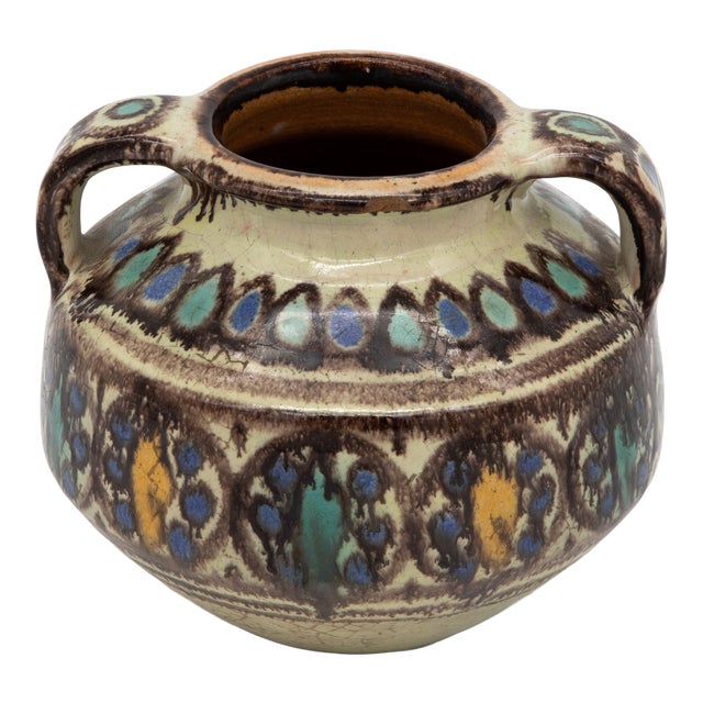 Antique Brown, Blue & Yellow Two-Handled Vase For Sale