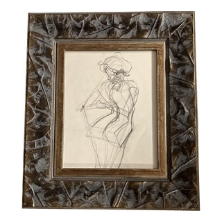 1970’s Original Abstract Female Nude Charcoal Study Drawing Chunky Leaf Frame For Sale