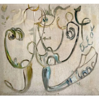 "Nowhere Man", 2022. Abstract, Figurative Oil Painting on Canvas by Joe Ginsberg. Predominantly Greige With Accents of Blue, Black and Gold. For Sale