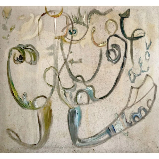 "Nowhere Man", 2022. Abstract, Figurative Oil Painting on Canvas by Joe Ginsberg. Predominantly Greige With Accents of Blue, Black and Gold. For Sale