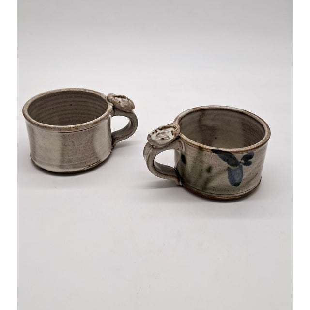 Sand 1990s Studio Pottery Face Artisan Mugs With Wabi-Sabi Glaze Signed - a Pair For Sale - Image 8 of 12