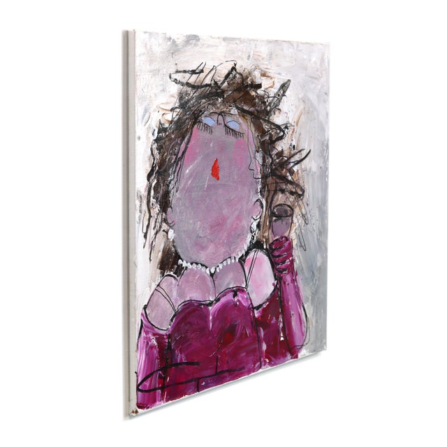 Drinking Sarah - Figurative Portrait Purple Textured Acrylic Painting on Canvas Original Artwork by Gerdine Duijsens For Sale In Los Angeles - Image 6 of 8