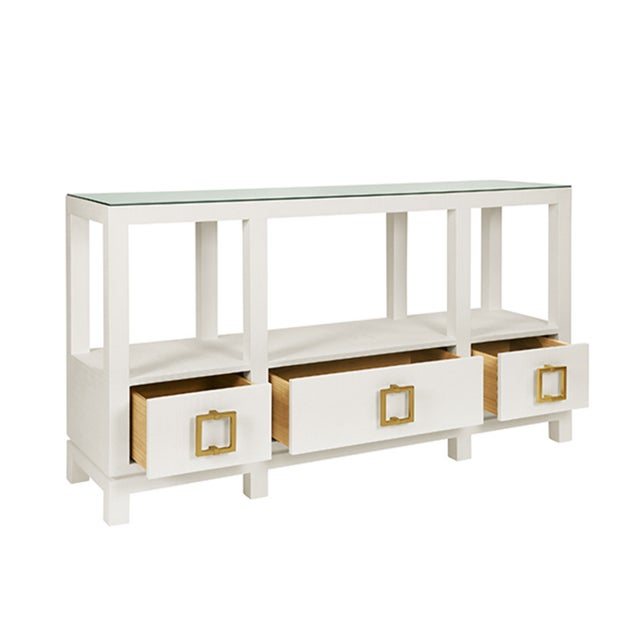 Contemporary Matthew Izzo Home Campbell White Linen Three Drawer Two Tier Console Table For Sale - Image 3 of 8
