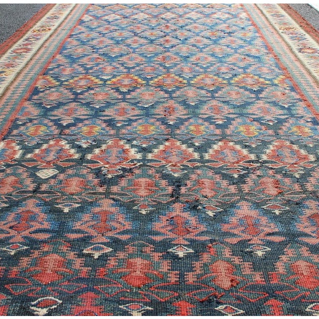 Antique Hand Woven Persian Seneh Kilim Gallery Runner With Geometric and Floral Design For Sale In Atlanta - Image 6 of 13