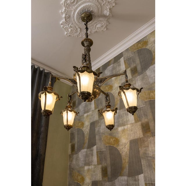Art Deco Bronze and Frosted White Glass Five-Light Chandelier, France, 1925 For Sale - Image 4 of 18