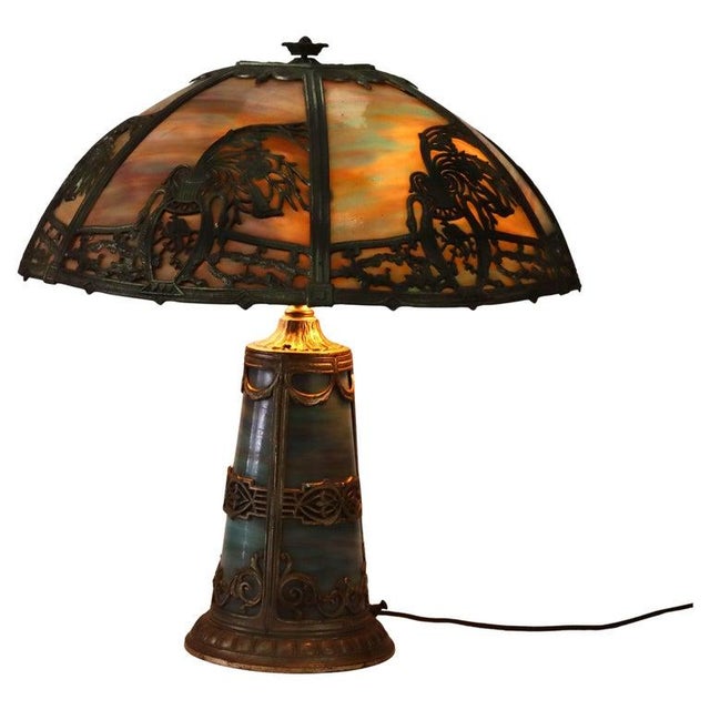 Antique Bradley & Hubbard School 6 Panel Lit Base Slag Glass Table Lamp With Figural & Floral Overlay C1920 Measures -...