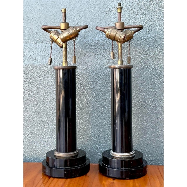 Metal Vintage Black Lucite Column Lamps - A Pair For Sale - Image 7 of 12