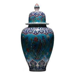 Handmade Ceramic Grand Shah Vase with Lid (60cm) Turquoise Saz Leaf and Carnation For Sale