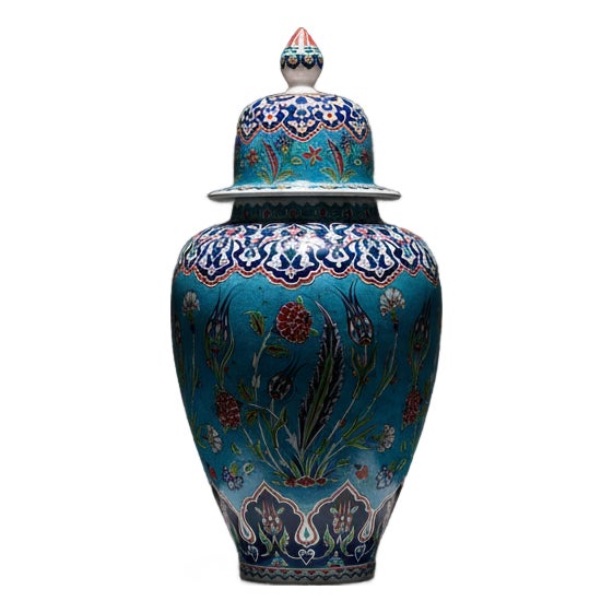 Handmade Ceramic Grand Shah Vase with Lid (60cm) Turquoise Saz Leaf and Carnation For Sale