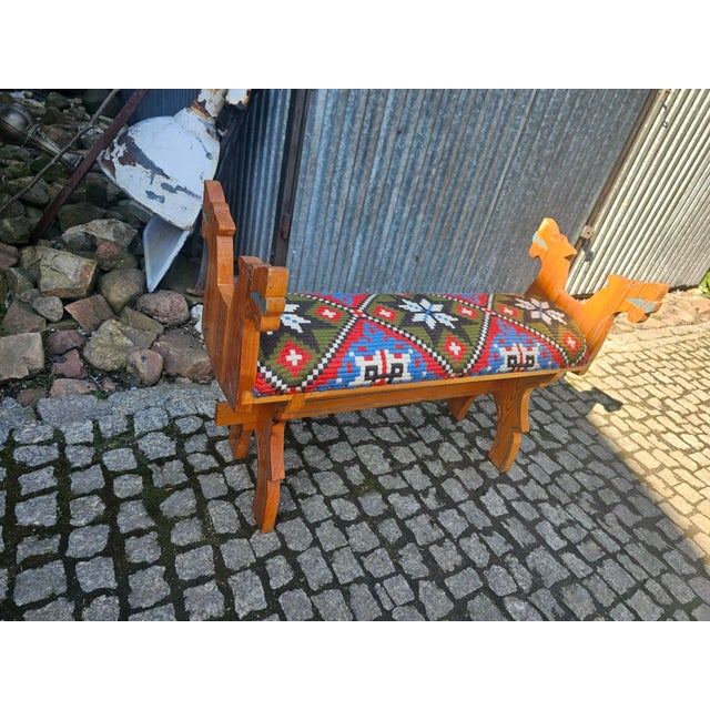 1960s Folk Style Wooden Bench with Carved Dogs, 1960s For Sale - Image 5 of 9
