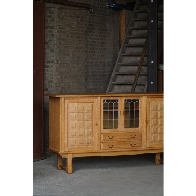 Danish Oak Sideboard with Leaded Glass Doors by Henning Kjærnulf, Denmark, 1960s For Sale - Image 4 of 18