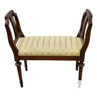 Antique Regency Walnut Vanity Bench Double Arm Inlaid Wood Gold Stripe 1910s For Sale
