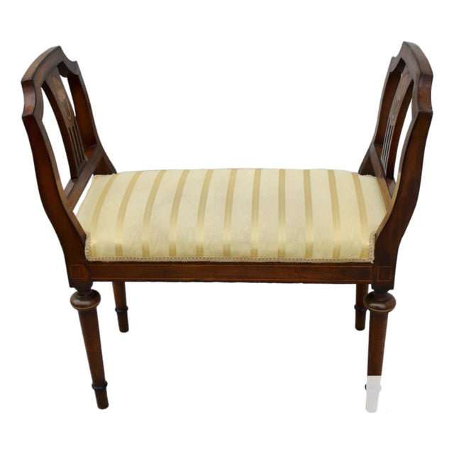 Antique Regency Walnut Vanity Bench Double Arm Inlaid Wood Gold Stripe 1910s For Sale