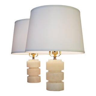 Matched Pair Mid Modern Stacked White Alabaster Marble Cylinder Table Lamps Russel Wright 1950's For Sale