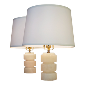 Matched Pair Mid Modern Stacked White Alabaster Marble Cylinder Table Lamps Russel Wright 1950's
