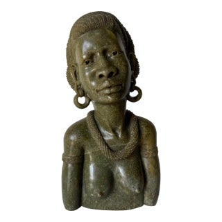 Vintage Verdite Stone African Woman Bust Sculpture Signed Cashel K. For Sale