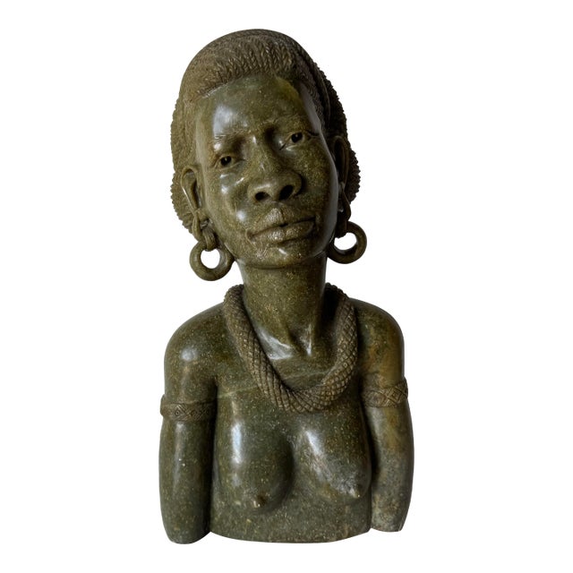 Vintage Verdite Stone African Woman Bust Sculpture Signed Cashel K. For Sale