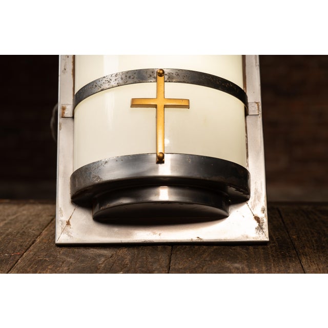 Metal Vintage Art Deco Church Wall Sconce With Milk Glass Panels For Sale - Image 7 of 9
