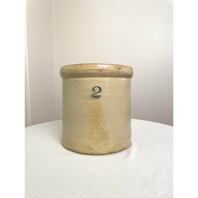 Antique Early American Salt-Glazed Cream & Cobalt Blue Large Stoneware Crock For Sale - Image 4 of 12
